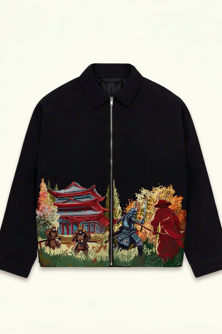 Samurai Jacket, front view, with a panoramic embroidered samurai and temple scene across the lower front
