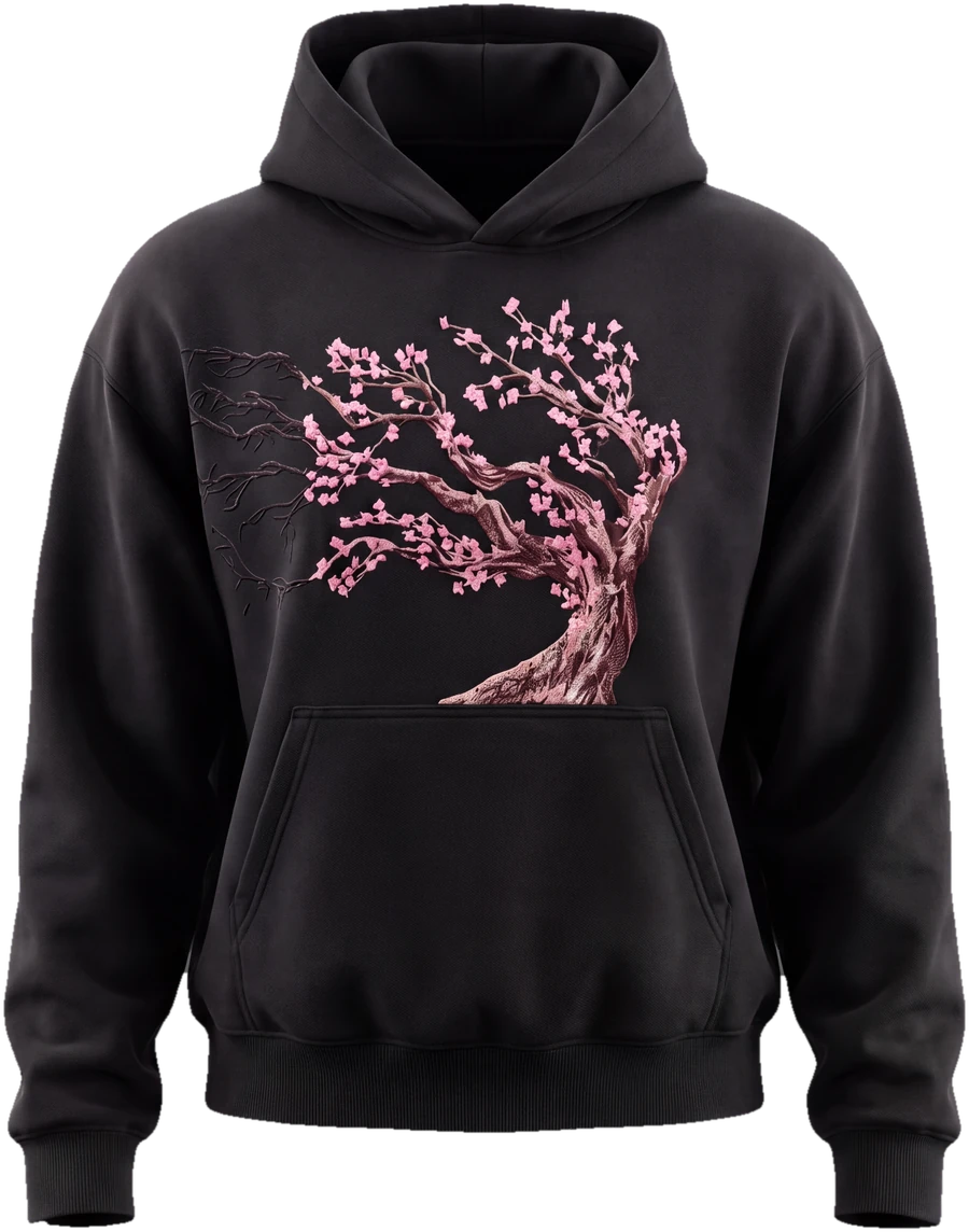 Black Hoodify hoodie with a pink cherry blossom tree embroidered across the chest